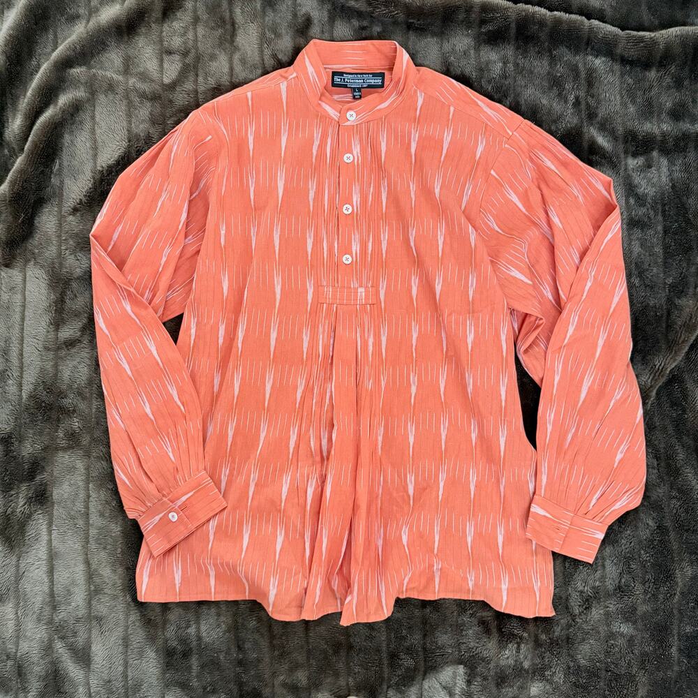 J. Peterman Ikat Band Collar Shirt - Coral & White - Grandfather Collar Untucked